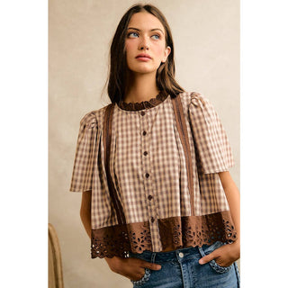 Checked & Cute Lace Flutter Top