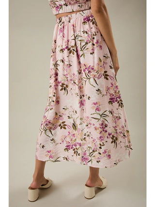 Aura Pink Floral High Waist Midi Skirt: Chic Side Slit Design
