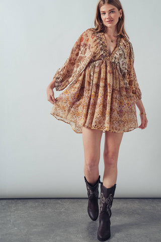 Aria Mixed-Print Boho Mini Dress | Smocked Empire Waist & Balloon Sleeves