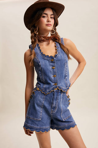 High-Waisted Scalloped Hem Button-Side Stretch Denim Shorts