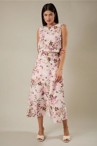 Aura Pink Floral High Waist Midi Skirt: Chic Side Slit Design