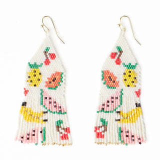 Colorful beaded earrings with floral designs on a white background