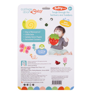 Package of Tuffy book for teething and toddlers with a child holding a watermelon.
