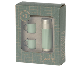 Set of two green mugs and a thermos in a decorative box with 'maileg' branding.