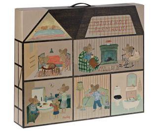 A rectangular illustrated gift box or package with a house-shaped top and six cartoon animal characters shown in different rooms. The front reads 'MOUSE HOLE FARMHOUSE' and the artist signature 'maliq' appears near the bottom.