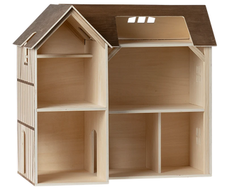Wooden dollhouse with a brown roof on a white background