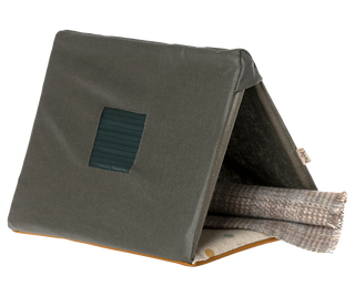 Gray fabric wedge cushion with a textured cover on a white background