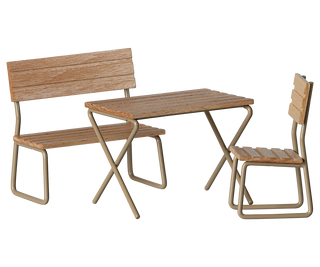 Wooden outdoor furniture set with table and bench on a white background
