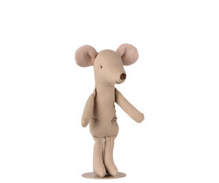 Stuffed toy mouse in a beige outfit on a white background