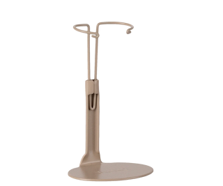 Beige metal stand with circular base and curved arm on a white background