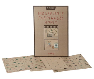 Millions Stickers 'Mouse Hole farmhouse Annex' sticker set, featuring a kraft paper style booklet with illustrations and several matching patterned paper sheets fanned out in front on a white background.