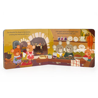 Illustrated children's book page with characters in a kitchen setting