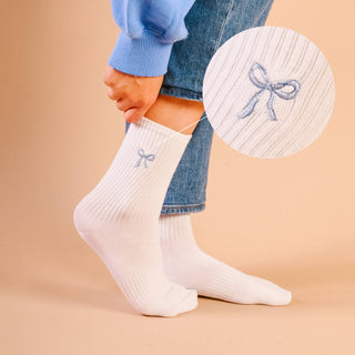 Embroidered Crew Socks-Blue Bow