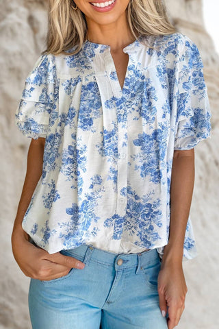 Blue and white floral puff sleeve shirt. Button up. Toile