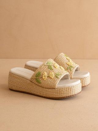 Woven sandals with floral embroidery on a beige background