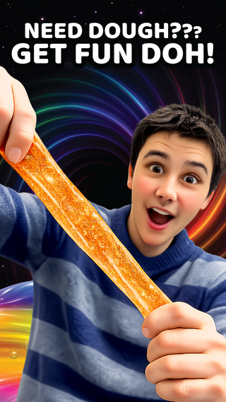 Person holding a long, orange Fun Doh product with colorful background and text.