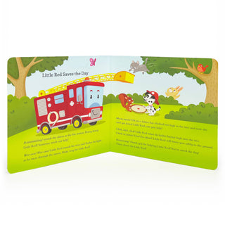 Children's book page with a cartoon fire truck and characters in a forest setting.