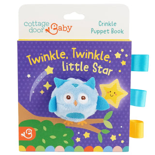 Cottage Door Baby crinkle puppet book titled 'Twinkle, Twinkle, Little Star' with a blue owl and yellow star on a purple background.