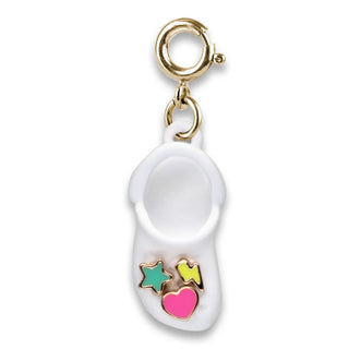 White baby shoe charm with colorful accents on a white background