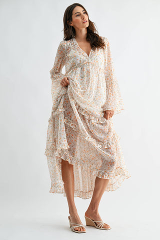 Woman wearing a floral dress on a white background