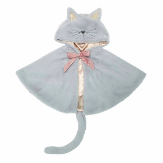Gray cat-shaped hooded cape with a pink bow on a white background