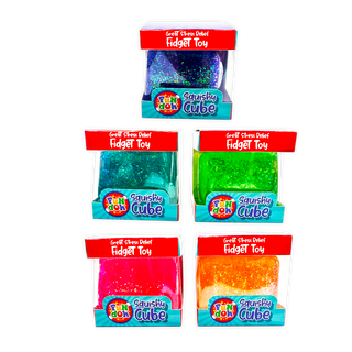 Five packages of Fun Doh Squishy Cube fidget toys in different colors on a white background.