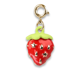 A strawberry-shaped charm with glossy red enamel, light green leafy top, and small metallic gold star and seed details, attached to a gold clasp on a plain white background.