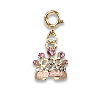 A gold crown charm pendant with pink rhinestones and clear crystal accents, attached to a gold lobster clasp, shown on a plain white background.