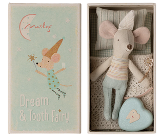 Stuffed mouse toy with heart-shaped object in a box, branded 'Maileg', with 'Dream & Tooth Fairy' text.