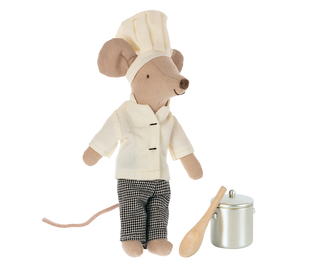 Stuffed mouse toy dressed as a chef with kitchen utensils on a white background