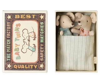 Maileg Baby Mouse Twins in Vintage Matchbox Bed – Whimsical Collectible Soft Toy