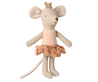Stuffed mouse toy with a pink dress and gold tiara on a white background