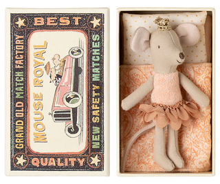 Stuffed mouse toy in a matchbox with a vintage matchbox design.