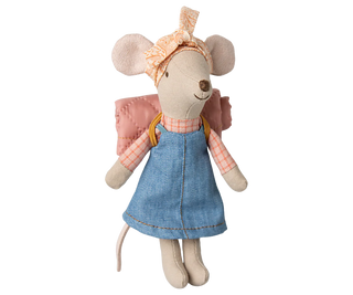 Stuffed mouse toy wearing a blue dress and pink headband on a white background