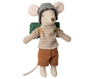 Stuffed mouse toy with a backpack and checkered hat on a white background