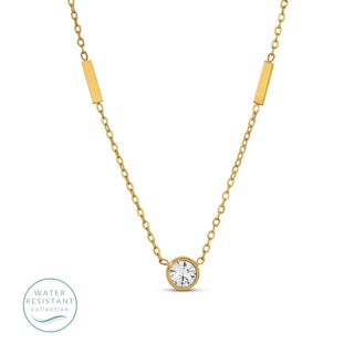 Gold necklace with a round pendant on a white background