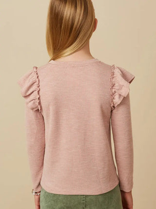 Girls Marled Textured Ruffle Detail Scoop Neck Knit Top