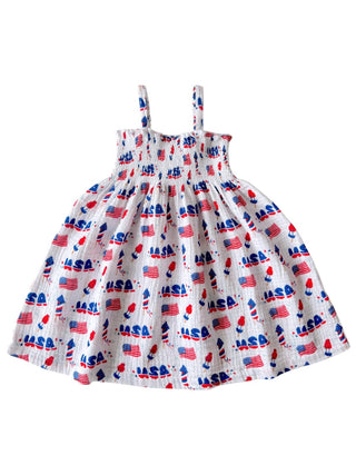 Children's dress with American flag pattern on a white background