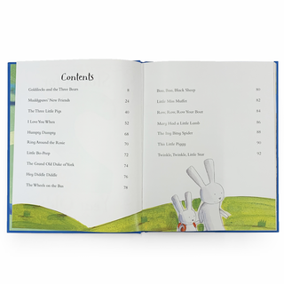 Open book with a contents page and illustration of two bunnies on a white background