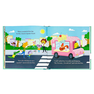 Illustrated book page with a pink cupcake truck and characters on a city street.