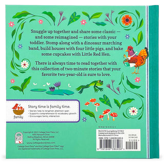 Back cover of a children's book with illustrations and text on a teal background