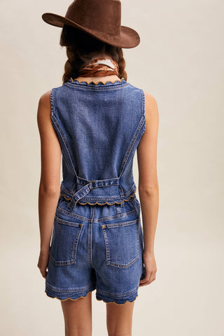High-Waisted Scalloped Hem Button-Side Stretch Denim Shorts