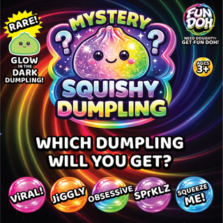 Promotional graphic for a 'Mystery Squishy Dumpling' by Fun Doh, featuring a central cartoon dumpling with a rainbow gradient and question marks, surrounded by colorful text and five example dumpling flavor/character options at the bottom.