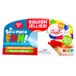 Kipp Brothers Squish Jellies packaging with colorful text and a toy illustration.