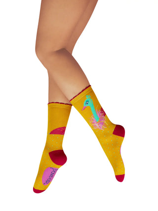 Yellow socks with colorful designs on a white background