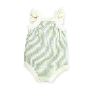 Green and white striped baby romper with bow details on a white background