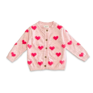 Pink infant toddler cardigan with red heart patterns on a white background