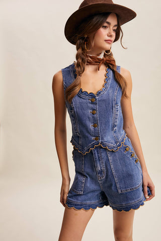 High-Waisted Scalloped Hem Button-Side Stretch Denim Shorts