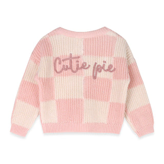 Pink and white checkered sweater with 'Cutie pie' text on a white background for infant and toddler