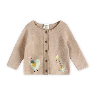 Whimsical Bird Embroidered Organic Cotton Baby Knit Cardigan
